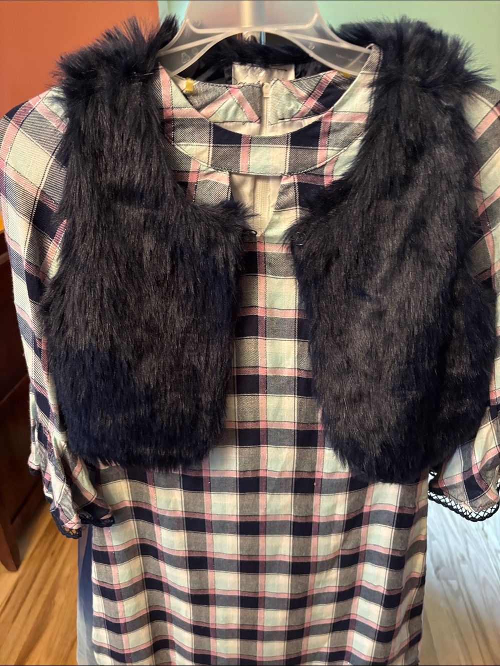 Rare Editions Black Faux Fur Vest with Pink and Navy Plaid Dress